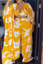 Yellow Casual Print Patchwork Halter Long Sleeve Four Pieces(Contain The Scarf)