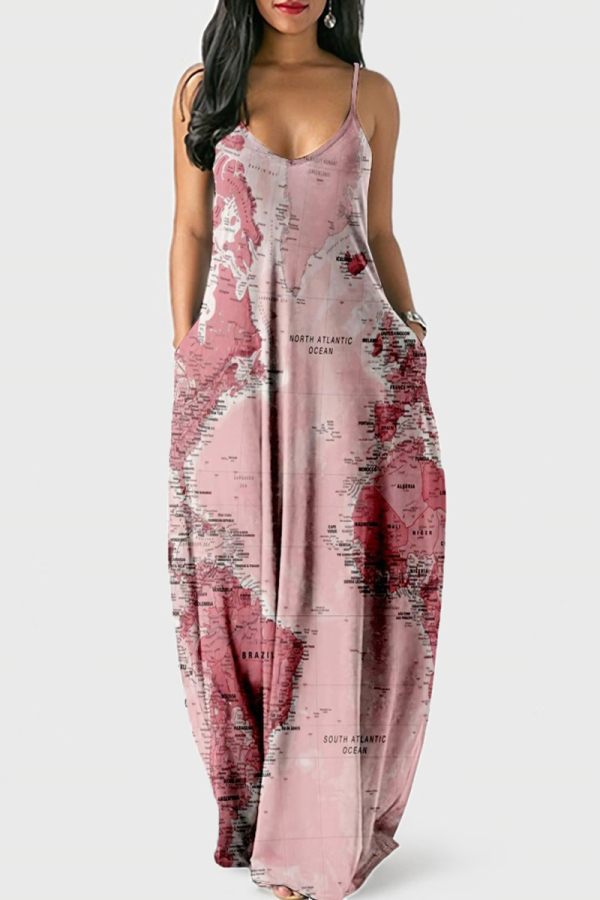 Pink Sexy Graphic Print Floor Length Backless Sleeveless African Style Loose Cami Maxi Dress