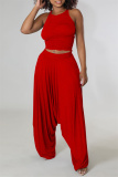 Red Fashion Casual Solid Backless Fold Spaghetti Strap Sleeveless Two Pieces