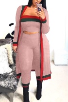 Pink Casual Patchwork Blending Two-piece Pants Set(With The Coat)
