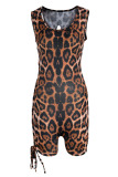 Light Brown Sexy Print Hollowed Out Patchwork Backless O Neck Regular Rompers