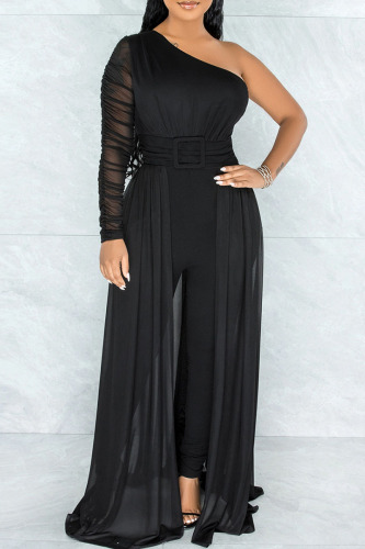Black Sexy Solid Patchwork See-through Oblique Collar Regular Jumpsuits