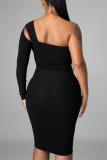 Black Fashion Sexy Solid Hollowed Out Backless Oblique Collar Long Sleeve Dresses