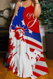 Multicolor Casual American Flag Stars Print Floor Length Backless Sleeveless African Style Loose Cami Maxi Dress
