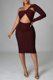 Burgundy Fashion Sexy Solid Hollowed Out Backless Oblique Collar Long Sleeve Dresses