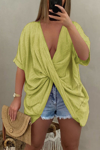 Green Yellow Casual Solid Patchwork Asymmetrical V Neck T-Shirts