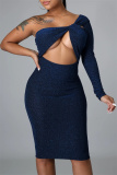Tibetan Blue Fashion Sexy Solid Hollowed Out Backless Oblique Collar Long Sleeve Dresses