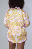 Yellow Casual Print Patchwork Buckle Turndown Collar Long Sleeve Two Pieces