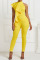 Yellow Casual Solid Patchwork Flounce O Neck Skinny Jumpsuits