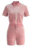 Pink Casual Solid Patchwork Pocket Zipper Collar Short Sleeve Two Pieces