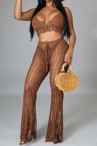 Dark Brown Fashion Sexy Solid Bandage Hollowed Out Backless Halter Sleeveless Two Pieces