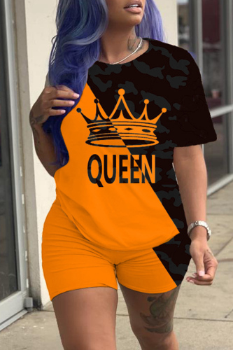 Black Orange Fashion Casual Print Basic O Neck Short Sleeve Two Pieces
