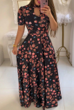 Decorative Pattern Casual Print Hollowed Out Half A Turtleneck Cake Skirt Dresses