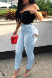 White Fashion Casual Solid Bandage Hollowed Out High Waist Skinny Denim Jeans