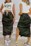Army Green Fashion Casual Print Slit O Neck Sleeveless Two Pieces