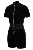Black Casual Solid Patchwork Pocket Zipper Collar Short Sleeve Two Pieces