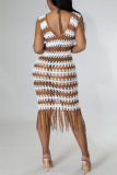 White Fashion Sexy Patchwork Tassel Hollowed Out See-through V Neck Vest Dress
