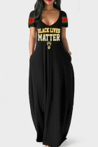 Black Gold Fashion Casual Print Patchwork V Neck Short Sleeve Dress
