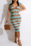 Blue Fashion Sexy Patchwork Tassel Hollowed Out See-through V Neck Vest Dress