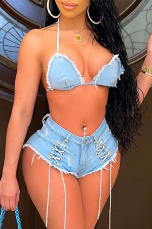 Light Blue Fashion Sexy Solid Bandage Backless Halter Sleeveless Two Pieces