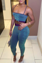 Cyan Sexy Print Patchwork Spaghetti Strap Sleeveless Two Pieces