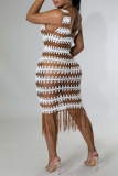 White Fashion Sexy Patchwork Tassel Hollowed Out See-through V Neck Vest Dress