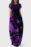 Black Purple Fashion Casual Print Patchwork V Neck Short Sleeve Dress