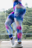 Colorful Blue Fashion Casual Sportswear Print Basic Skinny High Waist Pencil Trousers