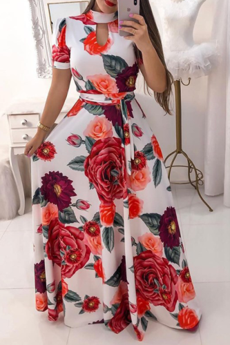 Red Casual Print Hollowed Out Half A Turtleneck Cake Skirt Dresses
