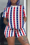 Lake Blue American Flag Stars Print O Neck Short Sleeve T Shirt and Shorts Set