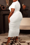 White Casual Solid Patchwork Fold O Neck Plus Size Two Pieces