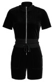 Black Casual Solid Patchwork Pocket Zipper Collar Short Sleeve Two Pieces