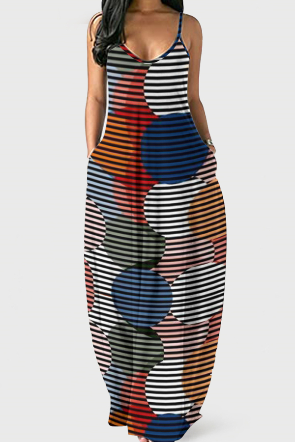 Blue Fashion Sexy Casual Print Backless Spaghetti Strap Long Dress