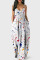 White Fashion Casual Print Backless Spaghetti Strap Long Dress
