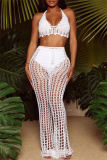 White Fashion Sexy Solid Bandage Hollowed Out Backless Halter Sleeveless Two Pieces