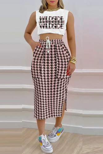 Pink Fashion Casual Print Slit O Neck Sleeveless Two Pieces