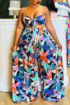 Blue Sexy Print Patchwork Spaghetti Strap Two Pieces