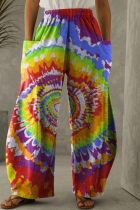 Orange Green Fashion Casual Print Tie Dye Patchwork Regular High Waist Trousers