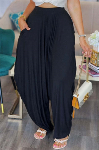 Black Fashion Casual Solid Patchwork Harlan High Waist Trousers