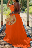 Orange Sexy Solid Patchwork Backless Flounce Halter Long Dress Dresses