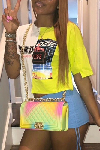 Yellow Casual Street Print Patchwork Asymmetrical O Neck T-Shirts
