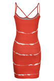 Red Sexy Striped Print Patchwork Spaghetti Strap One Step Skirt Dresses