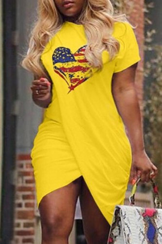 Yellow Fashion Casual Print Patchwork Asymmetrical O Neck Short Sleeve Dress
