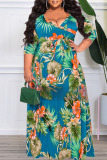 Lake Blue Sexy Print Frenulum V Neck Straight Plus Size Dresses