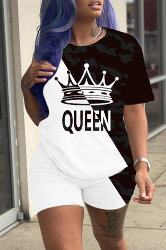 Black White Fashion Casual Print Basic O Neck Short Sleeve Two Pieces