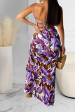 Blue Floral Print Sleeveless Ruched Casual Vacation High Slit Bodycon Maxi Dress