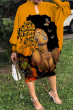 Yellow Brown Fashion Casual Print Hollowed Out Half A Turtleneck Long Sleeve Dresses