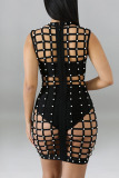 Black Fashion Sexy Solid Hollowed Out Patchwork Beading O Neck Straight Dresses Three Pieces