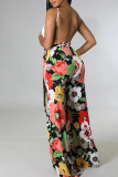 Colour Sexy Print Patchwork Backless Straight Jumpsuits