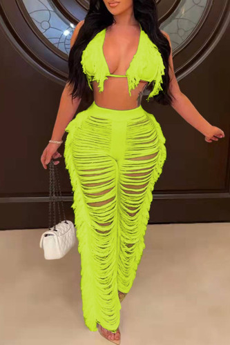 Fluorescent Green Sexy Solid Tassel Hollowed Out Patchwork Halter Sleeveless Two Pieces